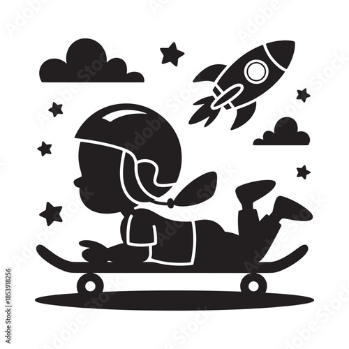 A child lying on a skateboard imagining a rocket ship flying among the stars