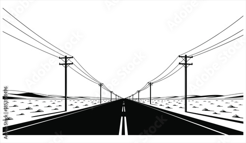 Straight Road with Telephone Poles and Sparse Vegetation highway power lines