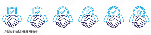 Business partnership handshake icons. Symbols of agreement, trust, teamwork, and professional collaboration in vector style.