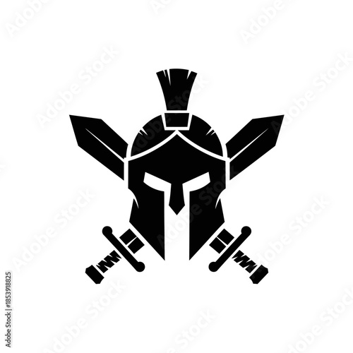 Black Spartan Helmet with Swords Illustration.