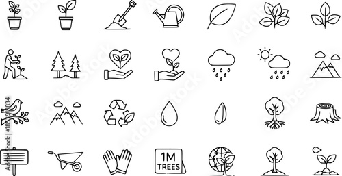 Eco-friendly nature and gardening icons: plants, weather, recycling, and sustainable living symbols