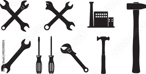 hand tools icon set with hammer, drill, saw, wrench and measure symbols, vector illustrations for construction, repair and diy projects