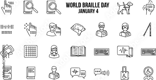 World Braille Day January 4 icons set. Blindness and visual impairment accessibility symbols collection for education and support.