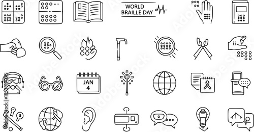 Braille and Accessibility Line Icons Set for Visually Impaired, Deaf, and Disability Awareness, featuring World Braille Day, Communication, and Mobility Aids