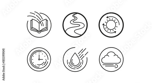 Collection of simple line icons representing education, journey, weather, time, and nature.