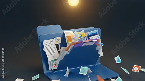 Digital folder bursting with colorful images and documents under a bright sun, showcasing creativity