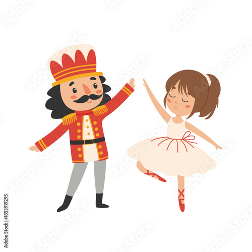 Cute little girl and soldier nuttcracker dancing ballet vector Illustration
