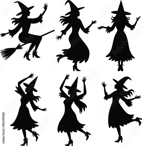 Vector Silhouettes of Halloween Witches Flying on Broomsticks and Casting Spells, Featuring Magic Fantasy Figures, Ideal for Occult, Spooky, and Holiday Design Elements