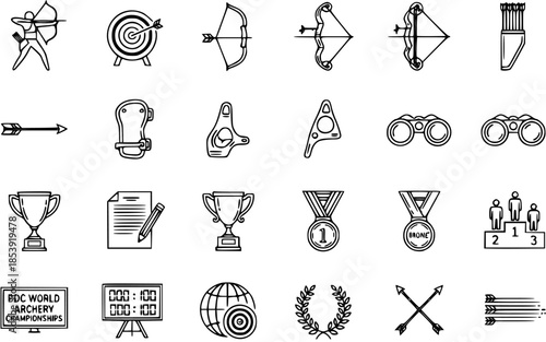 Archery Sport Icons  Symbols: Athlete, Bow, Arrow, Target, Trophy, Medal, Binoculars  More