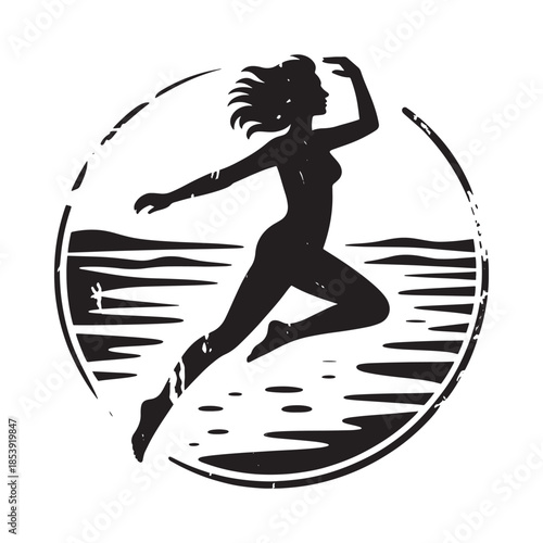 Silhouette of a woman running dynamically within a circular distressed frame
