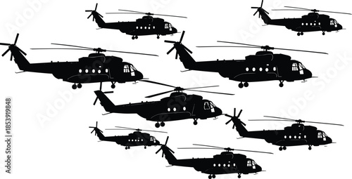 Helicopter, silhouette, set, military, aircraft, aviation, transport, airforce, rescue, flight, rotor, black, vector, illustration, isolated, collection, flat, design, icon, defense