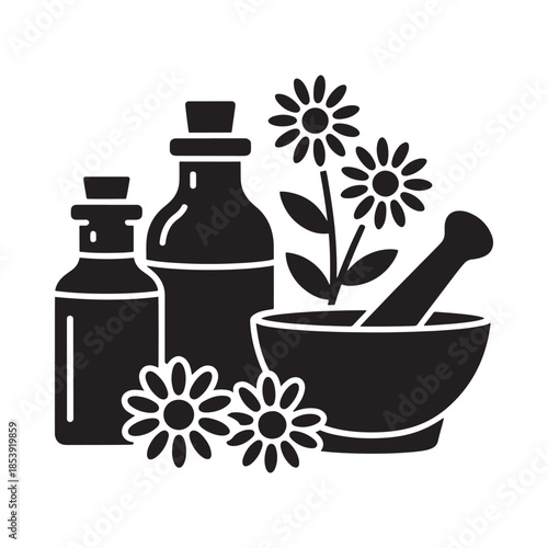 Herbal medicine illustration featuring bottles flowers and a pestle with mortar