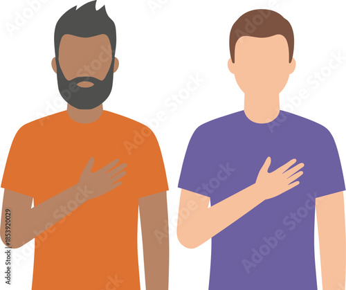 Men showing respect gesture illustration, diverse male characters with hand on chest, sincerity honesty and gratitude concept, modern flat people design, cad drawing flat vector illustration