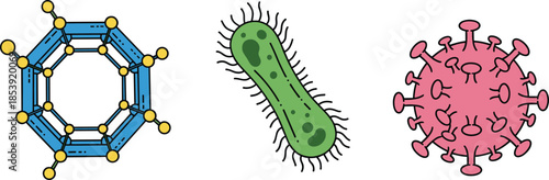 Microbiology virus bacteria molecule icon set illustration showing pathogen cell structure science medical research education concept design