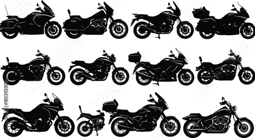 Motorcycle, silhouette, set, bike, motorbike, vehicle, transport, racing, touring, cruiser, sport, black, vector, illustration, isolated, collection, flat, design, icon, automotive