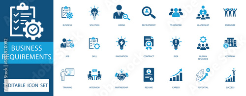 Business requirements and corporate management icon set. Vector symbols for recruitment, leadership, teamwork, human resources, skills, and professional career growth