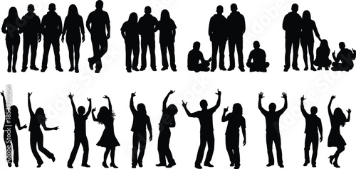 People silhouettes group illustration, families friends and social crowd poses, standing sitting dancing activities, black shadow figures, isolated background, cad drawing flat vector illustration