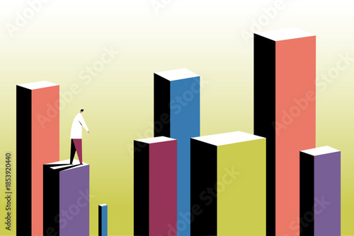 Abstract business concept of strategic decision-making and advancement illustrated by a man standing on rising blocks.