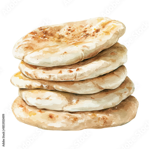 Watercolor painting of Pita Bread, vector illustration, isolated on white background.