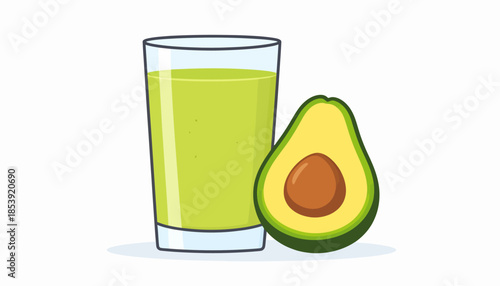 Vibrant green avocado smoothie in a tall glass accompanied by a ripe, halved avocado, illustrating a nutritious and refreshing fruit drink for a healthy diet and wellness
