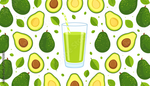 Refreshing avocado smoothie in a glass surrounded by sliced and whole avocados and green leaves, creating a vibrant, healthy pattern