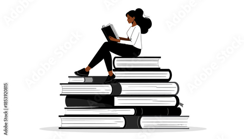 Young woman engrossed in a book, perched atop a towering stack of literature, symbolizing knowledge acquisition and a love for reading and continuous education