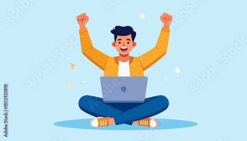 A young man with his arms raised in victory, celebrating success while working on his laptop