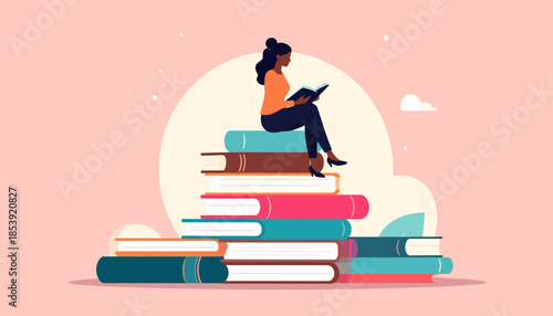 A young woman engrossed in reading a book, comfortably seated on a towering stack of colorful literature, symbolizing education, personal growth, and the power of knowledge