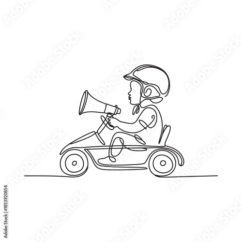 A continuous line drawing of a child riding a go kart and speaking into a megaphone