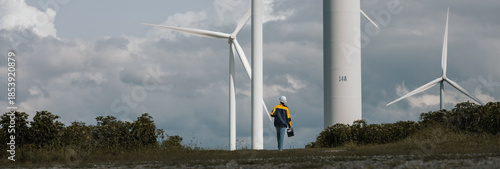 Female wind turbine technician standing with laptop and toolbox at wind farm, representing renewable energy maintenance, green technology, professional engineering in clean power.