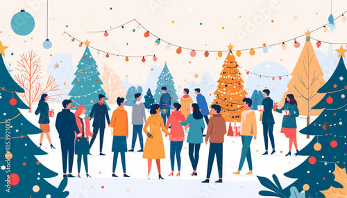 Festive Winter Gathering People Enjoying a Christmas Tree Lighting Ceremony with Decorations and Snowfall