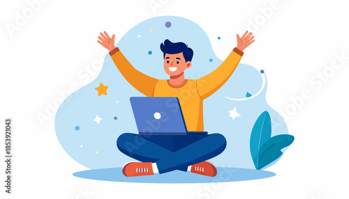 Joyful individual triumphantly raising hands, celebrating professional achievement or personal success while efficiently working remotely on a laptop