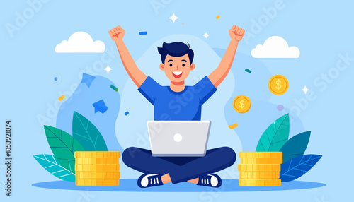 Excited Person Celebrating Success with Laptop and Coins, Indicating Financial Gain and Achievement