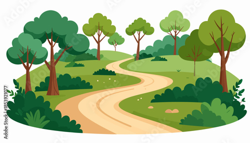 A winding pathway through a lush green forest with various trees and shrubs, inviting exploration