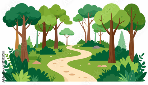 Serene forest path winding through lush green trees and vibrant foliage, inviting exploration and nature immersion