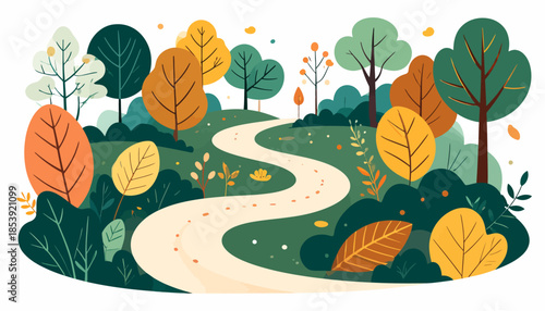 A serene park path meanders gracefully through a vibrant autumn landscape, showcasing colorful trees and lush foliage under a peaceful sky in a beautiful nature setting