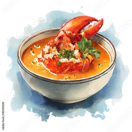 Lobster Bisque, watercolor illustration, vector style, isolated on a white background.