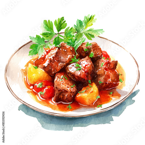 Beef Stew, watercolor illustration, vector style, isolated on a white background.