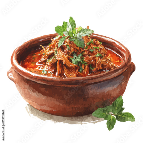 Watercolor painting of Ropa Vieja, vector illustration, isolated on white background.