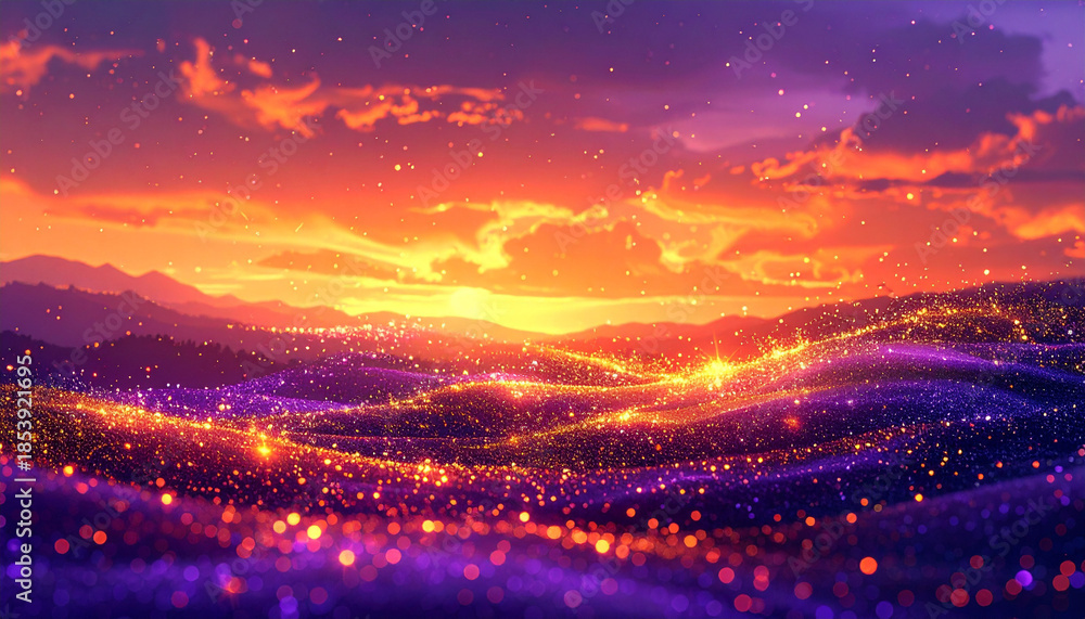 Fototapeta premium 夕暮れの空と輝く光の波が広がるファンタジー背景