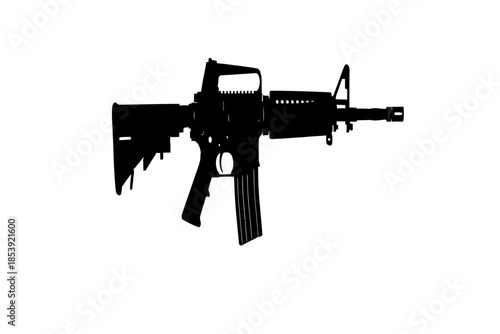 Monochrome close-up of an AR-15 style rifle, dramatic lighting, detailed metal texture, dark background, professional stock photo
