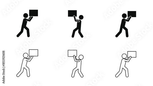Stick figures carrying and holding boxes in various positions black and white