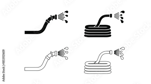 Black and white illustrations of garden hoses with differing nozzle styles