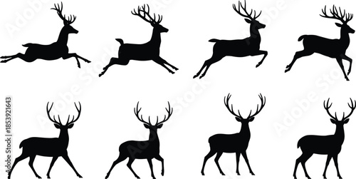 Running deer silhouettes set, stag wildlife animal motion poses, black reindeer illustration collection isolated on white background for stock design