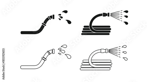 Black and white line art illustrations of garden hoses spraying water