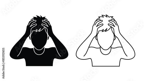 Two illustrations of a person holding their head in distress