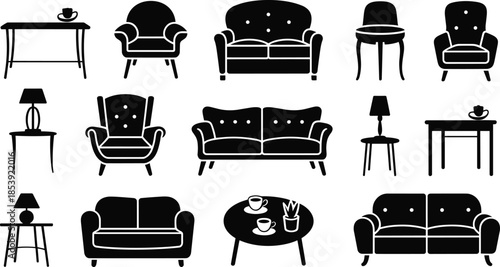 Set of Classic Furniture and Home Decor Silhouettes, Vector Graphic Collection of Sofas, Armchairs, Tables, and Lamps, Interior Design and Living Room Elements Illustration