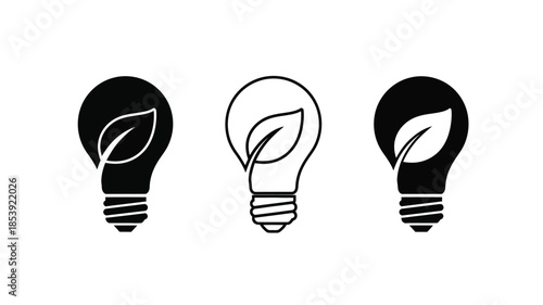 Three lightbulbs with leaf illustrations representing eco friendly ideas and innovation