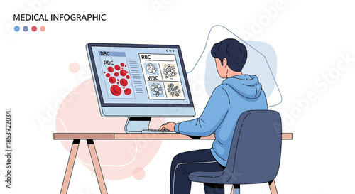 Analyzing blood cell data on a computer screen, illustration of a medical professional at desk
