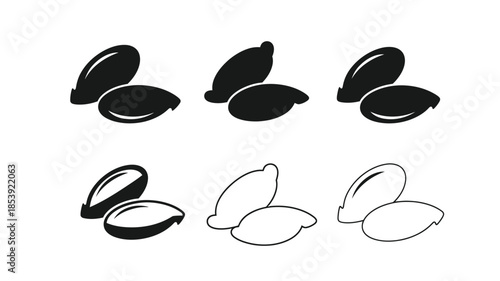 Black and white illustrative depiction of coffee beans in varying styles